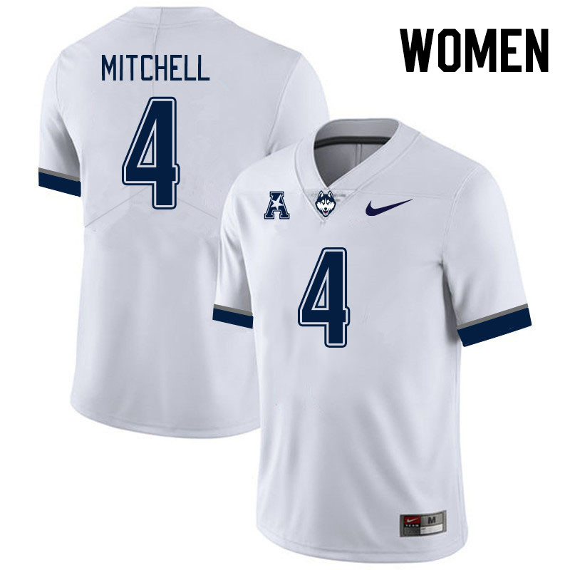 Women #4 Jalen Mitchell Connecticut Huskies College Football Jerseys Stitched Sale-White - Click Image to Close
